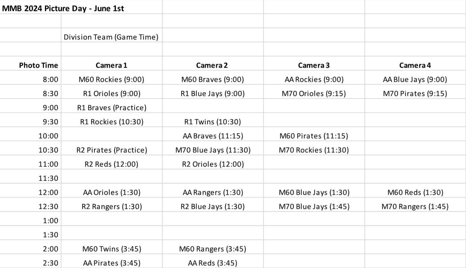 Picture Day MMB Picture Day Schedule